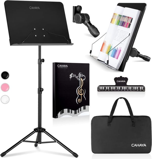 CAHAYA 5 in 1 Dual-use Sheet Music Stand & Desktop Book Stand Metal Portable Solid Back Height Adjustable from 31.4-57in with Book Stand Support, Carrying Bag, Sheet Music Folder and Clip