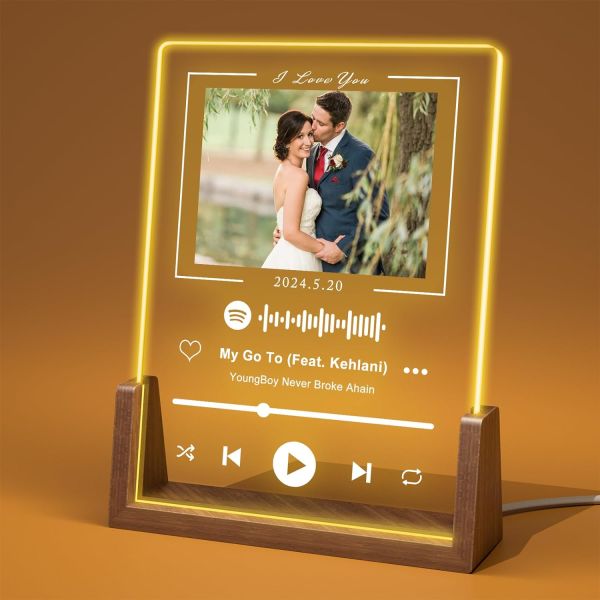 Customized Spotify Plaque Gifts, Personalized Acrylic Music Plaque with Photo, Valentine's Gifts for Girlfriend, Walnut Frame Seven Colors LED Light,Romantic for Anniversary